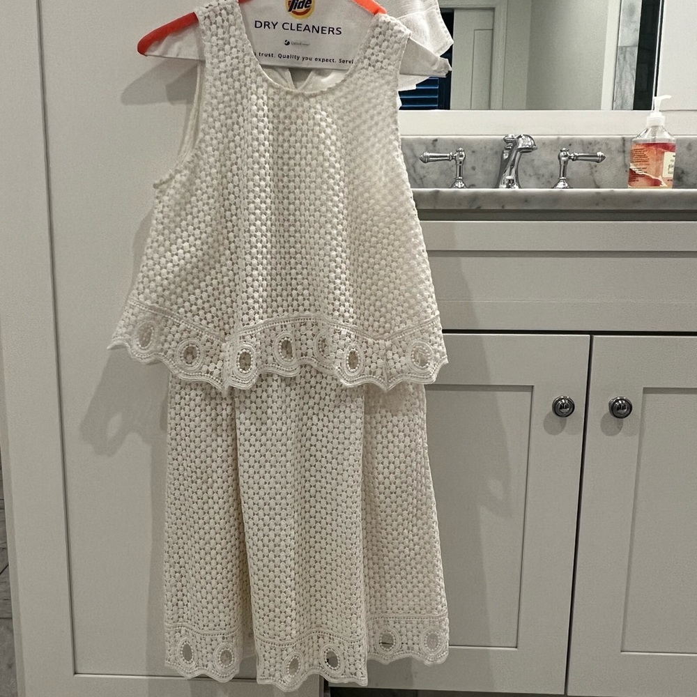 White, eyelet/lace dress. Worn for bridal shower.